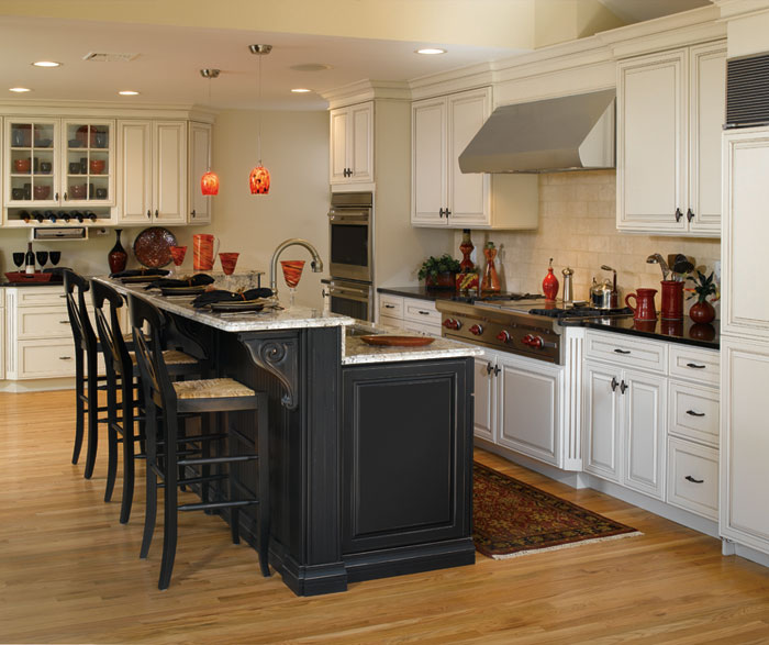 antique white kitchen cabinets with black island